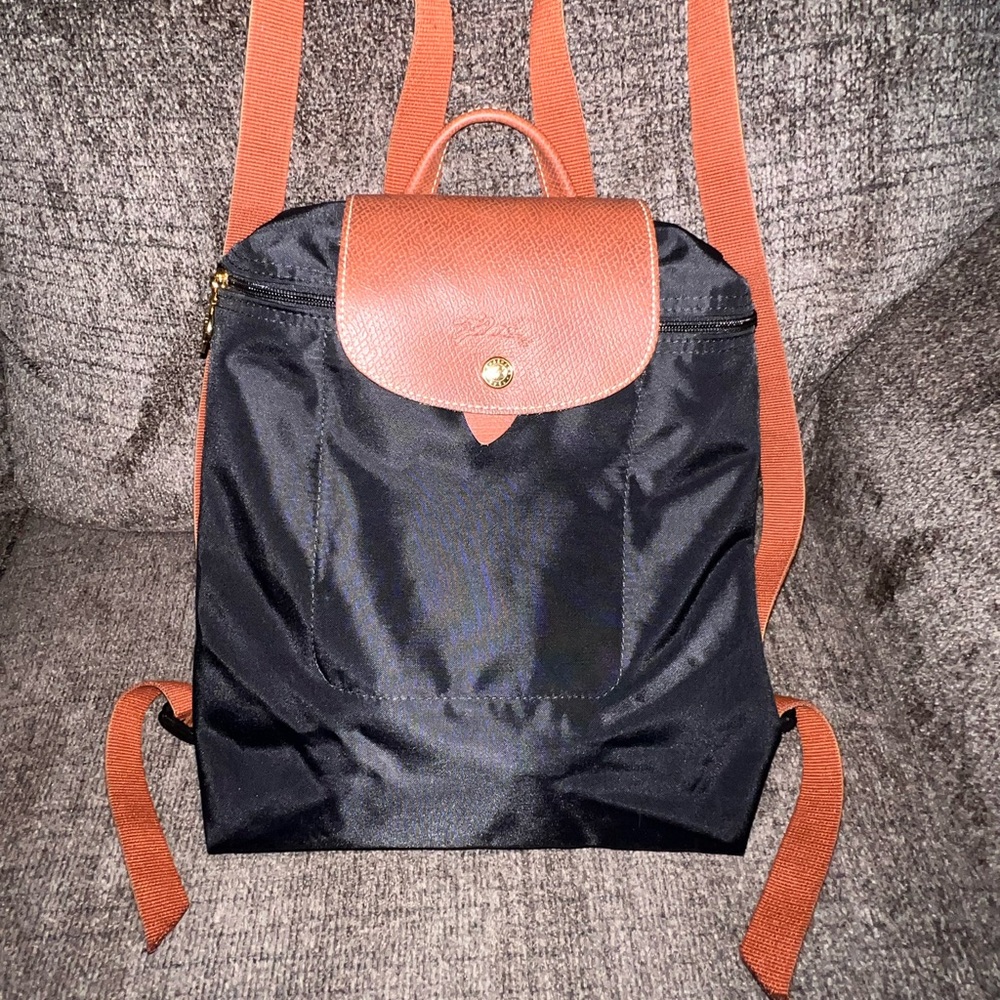 Longchamp le pliage black nylon leather backpack